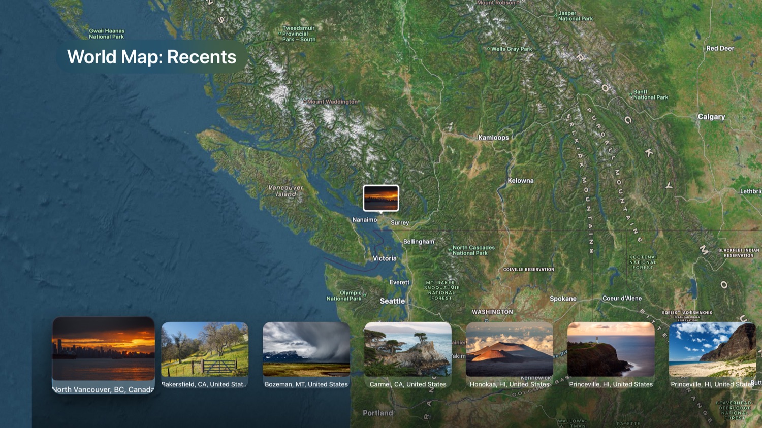 Apple TV showing a world map with photo thumbnails pinned to their capture locations